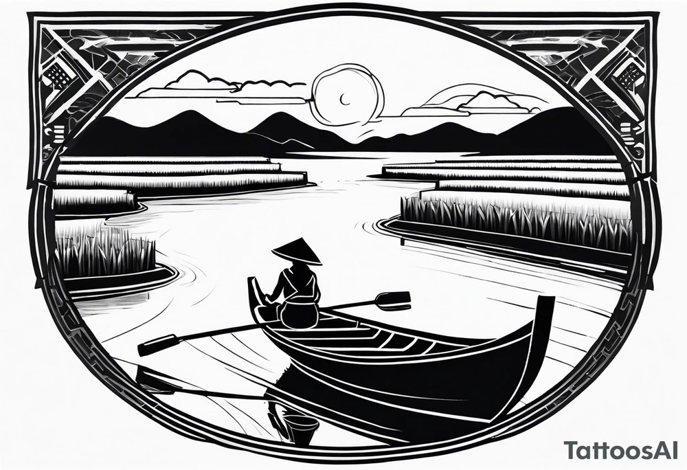 vietnamese lady on boat rice fields water sunset home tattoo idea