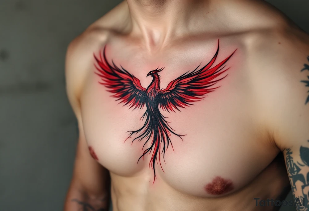 Inked in crimson and charcoal, this tattoo pairs the Latin phrase with a rising phoenix, evoking triumph through pain. tattoo idea