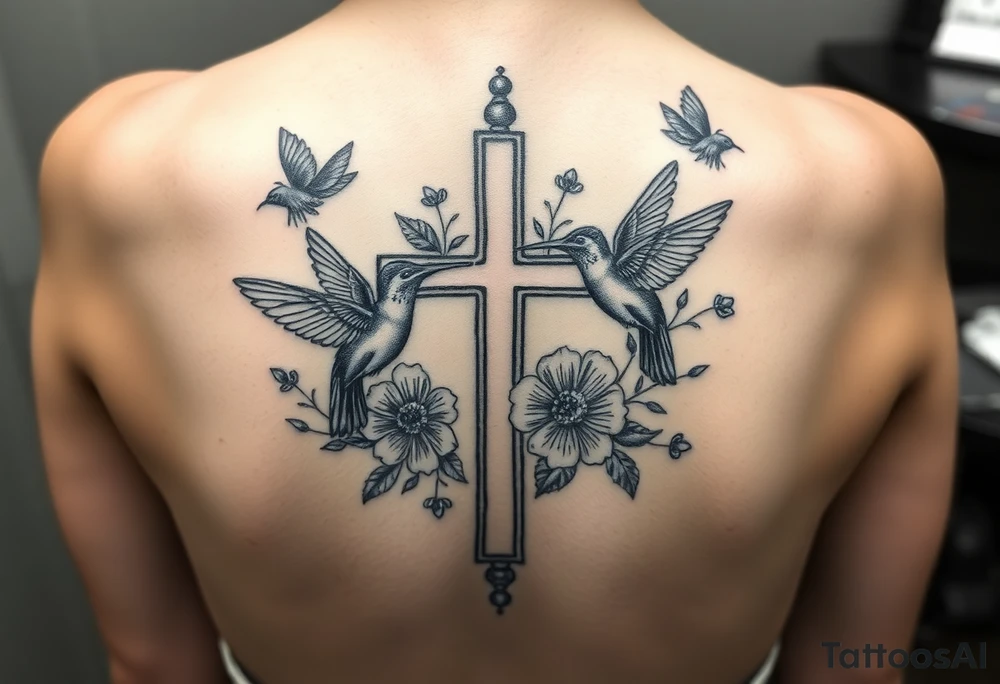 cross surrounded by hummingbirds and flowers tattoo idea