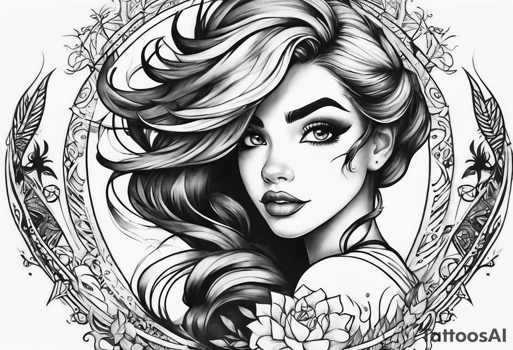 create a fire girl face inspired by Disney movie elements black tattoo idea