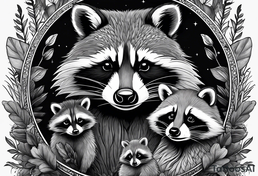 Very detailed Raccoon Husband with wife and child.
Background modern House between woods tattoo idea