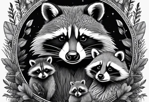 Very detailed Raccoon Husband with wife and child.
Background modern House between woods tattoo idea