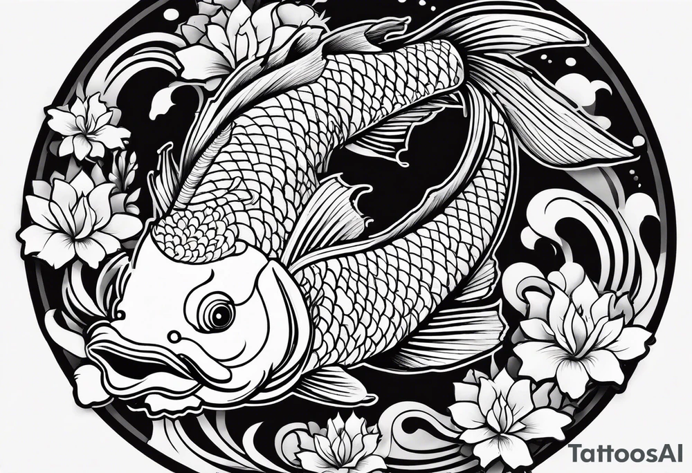 a koi fish surrounded by solid color background design tattoo idea