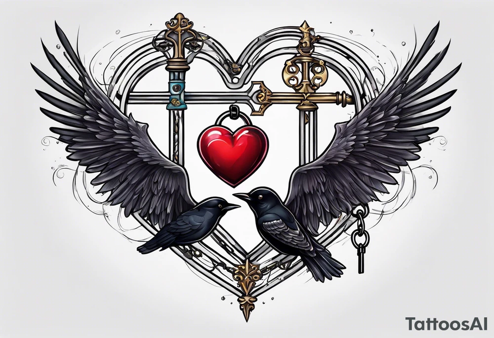 heart under lock and key with chains and a black bird flying away with the key tattoo idea