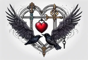 heart under lock and key with chains and a black bird flying away with the key tattoo idea