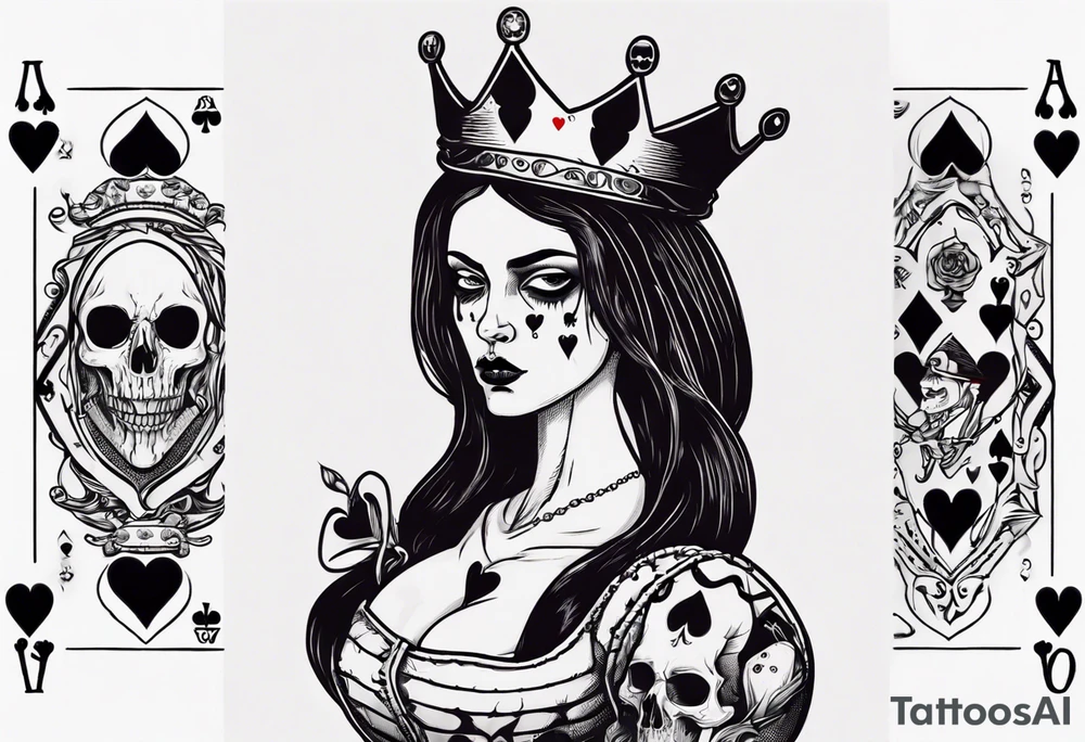 creepy queen of hearts card, queen with long hair, blank eyes and holding a skull tattoo idea
