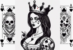 creepy queen of hearts card, queen with long hair, blank eyes and holding a skull tattoo idea