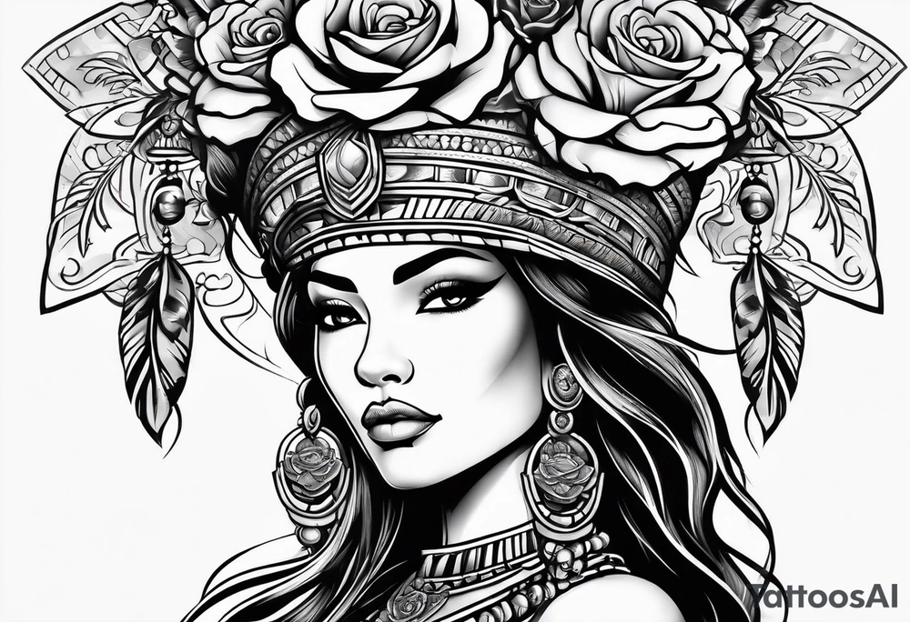 Mayan princess with roses & desert tattoo idea