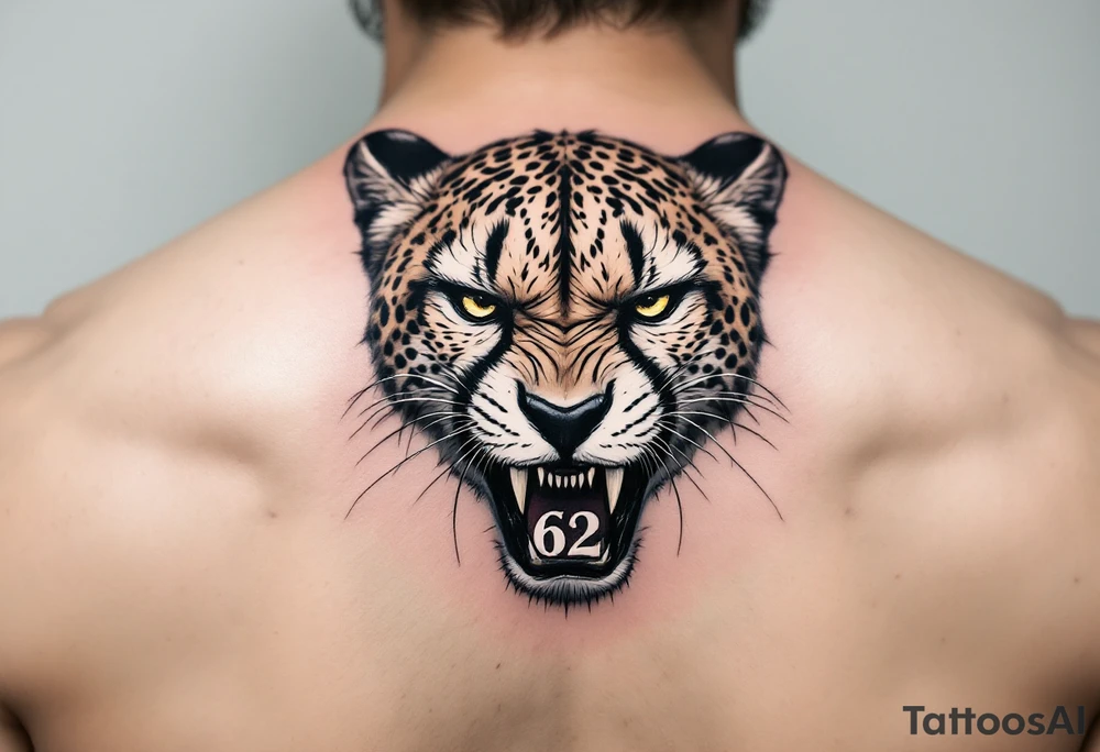 angry cheetah with the number 62 in its mouth tattoo idea