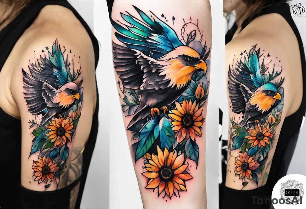 Small Watercolor inside arm tattoo, 4 inches. Black kite (Daya's name), nature (trees/flowers), rock/metal vibe (bold lines), sunflower. Bright colors! tattoo idea