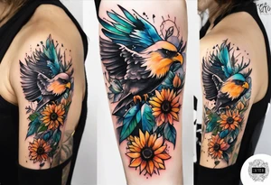 Small Watercolor inside arm tattoo, 4 inches. Black kite (Daya's name), nature (trees/flowers), rock/metal vibe (bold lines), sunflower. Bright colors! tattoo idea