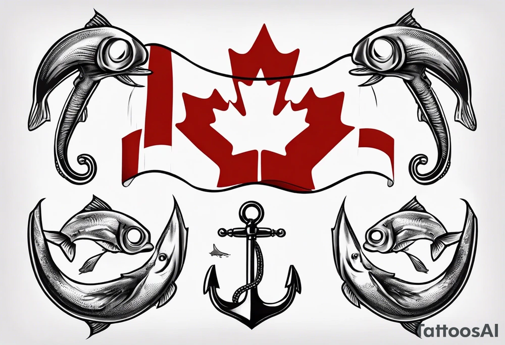 Canadian flag with crossed fish hooks tattoo idea
