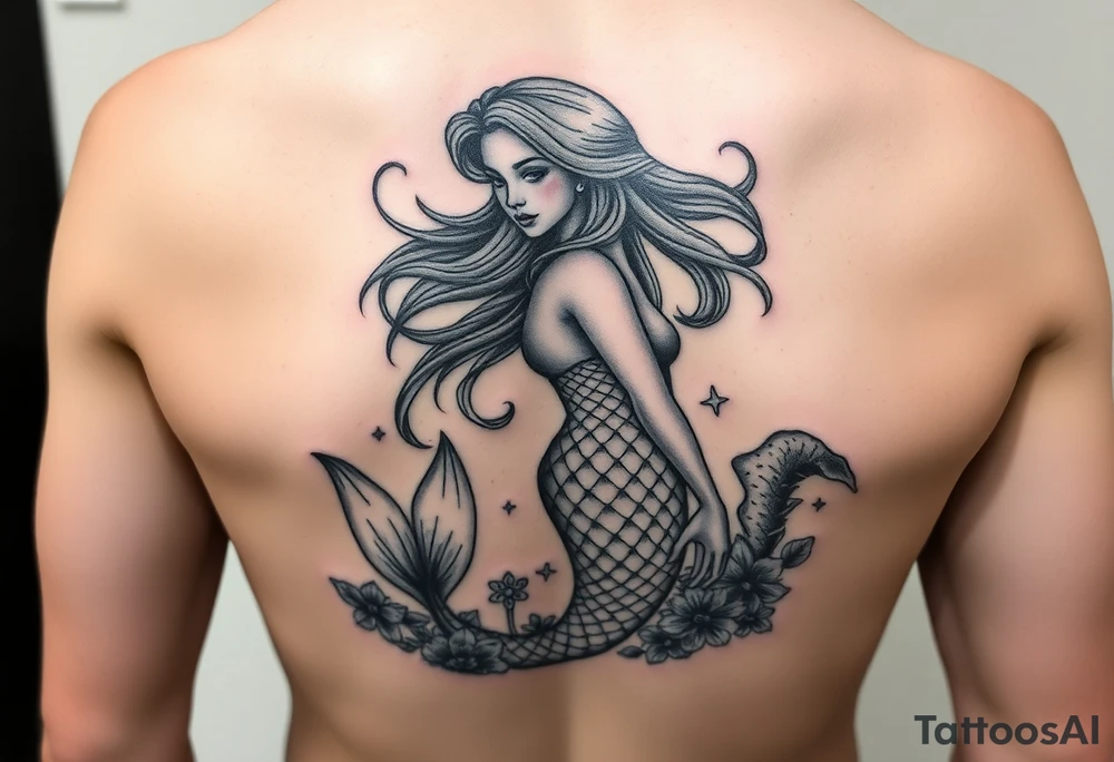 ethereal mermaid with flowing hair among coral and sea flowers tattoo idea