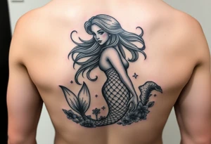 ethereal mermaid with flowing hair among coral and sea flowers tattoo idea