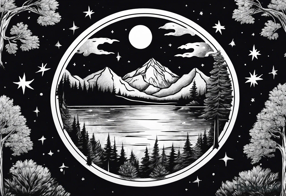 Picture of the moon, trees, lake, mountains and night sky in a circle with paint dripping tattoo idea