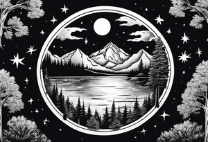 Picture of the moon, trees, lake, mountains and night sky in a circle with paint dripping tattoo idea