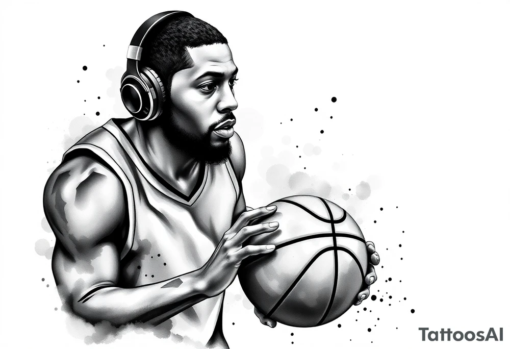 A guy dribbling a basketball with headphones on tattoo idea