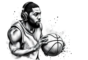 A guy dribbling a basketball with headphones on tattoo idea