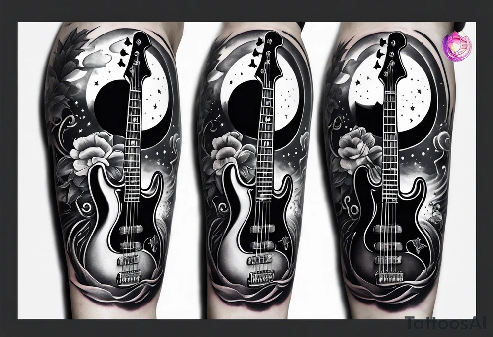 Tattoo full left arm with a collage of a bass guitar, mickey mouse silhouette, caduceus symbol, two stars and the sun with a moon tattoo idea