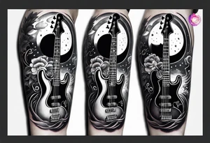 Tattoo full left arm with a collage of a bass guitar, mickey mouse silhouette, caduceus symbol, two stars and the sun with a moon tattoo idea