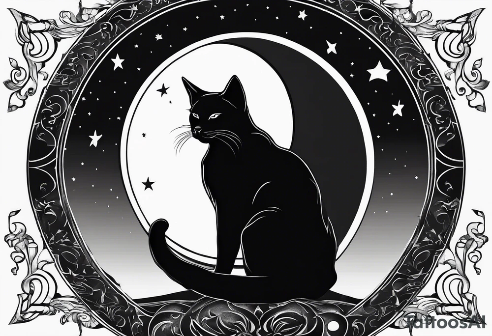 silhouette of full body black cat sitting on outline of crescent moon tattoo idea