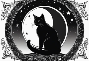 silhouette of full body black cat sitting on outline of crescent moon tattoo idea