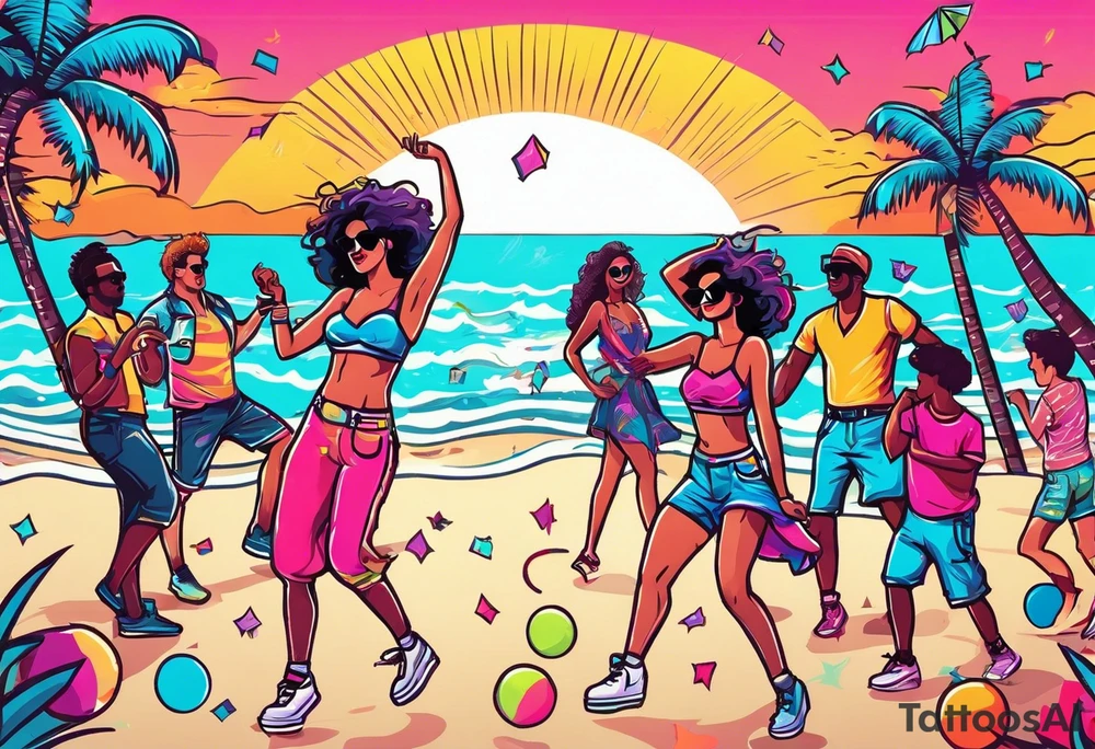 1980's style dance party with boom box and confetti in a beach theme. include people in 80's miami beach clothes, music note. tattoo idea