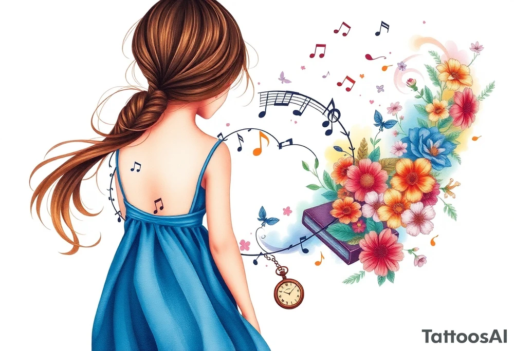 Back view of the silhouette of a brown hair girl in a blue dress. She is following a magical colorful swirl of music notes, books, and flowers. A pocket watch is at the end of the swirl. tattoo idea