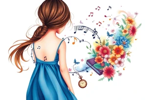 Back view of the silhouette of a brown hair girl in a blue dress. She is following a magical colorful swirl of music notes, books, and flowers. A pocket watch is at the end of the swirl. tattoo idea