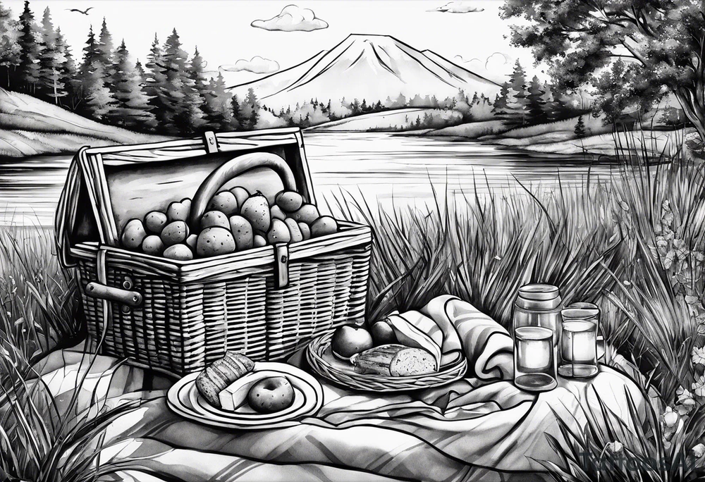 picnic scene in nature with a shecker blanket, a picnic basket and pillows. no food tattoo idea