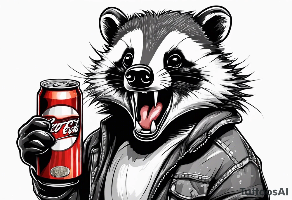 Angry badger with mouth open with soda can and chips in hands tattoo idea