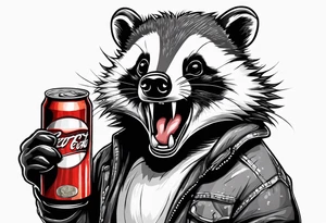 Angry badger with mouth open with soda can and chips in hands tattoo idea
