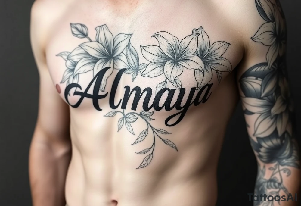 The name Almaya surrounded by Lilies. I want this on rib cage tattoo idea