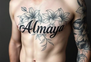 The name Almaya surrounded by Lilies. I want this on rib cage tattoo idea