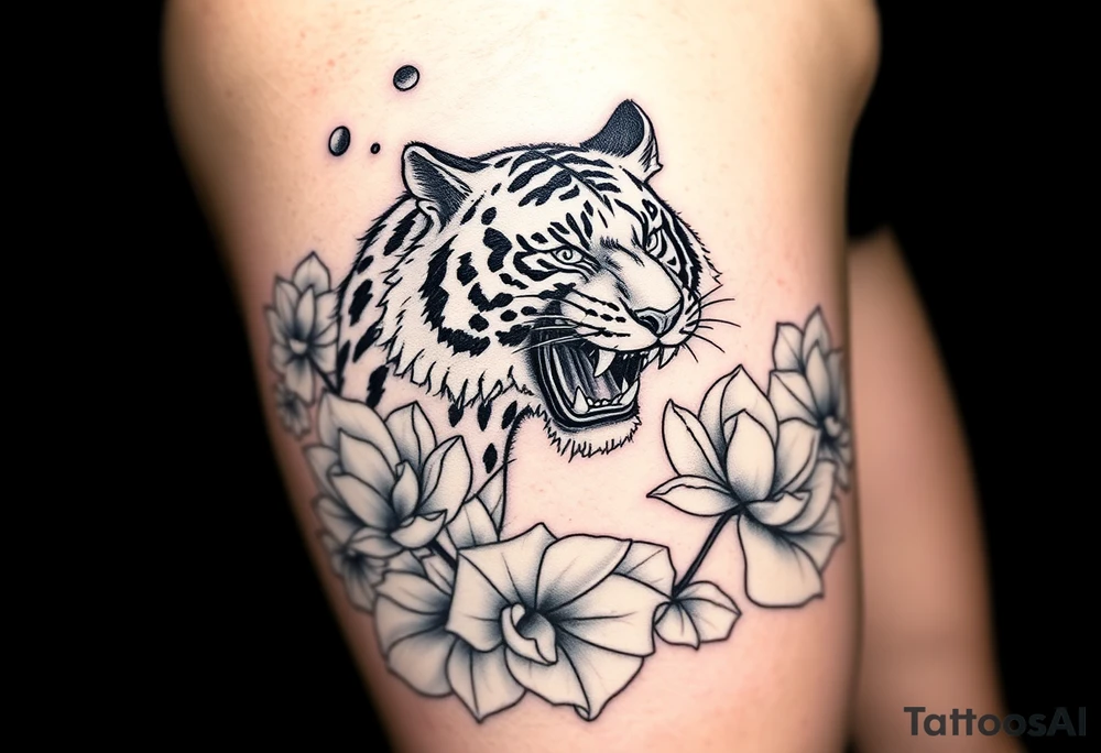 fierce tiger emerging through blooming lotus flowers in mist tattoo idea
