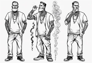 A man standing full-length, smoking a cigarette, with earrings in his ears, no headgear tattoo idea