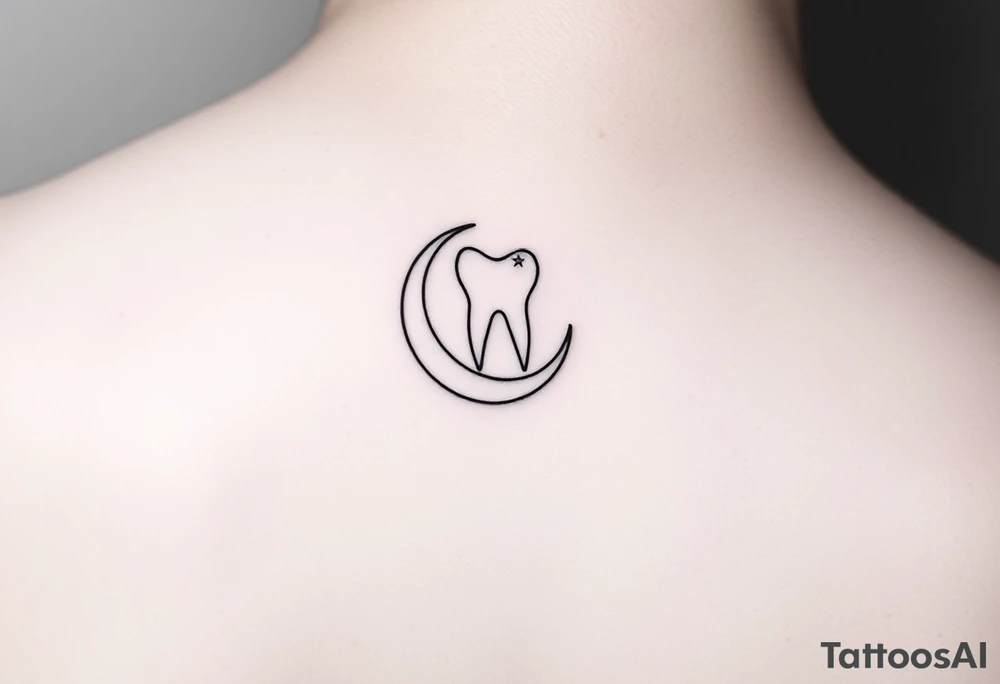 Delicate line-art molar tooth resting on a slender crescent moon with a tiny star at the tip, very fine outlines, almost no shading, subtle and graceful tattoo idea