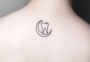 Delicate line-art molar tooth resting on a slender crescent moon with a tiny star at the tip, very fine outlines, almost no shading, subtle and graceful tattoo idea