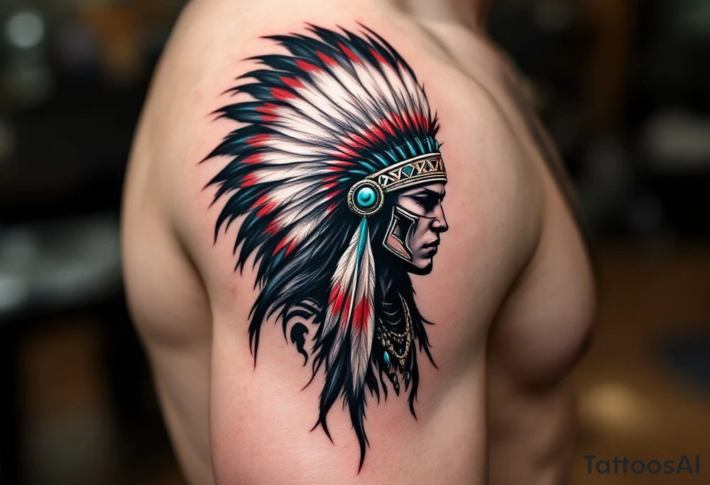A warrior silhouette in black, wearing a feathered headdress with red, white, and turquoise accents. tattoo idea