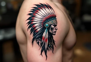 A warrior silhouette in black, wearing a feathered headdress with red, white, and turquoise accents. tattoo idea