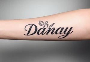 the name Danay, with a background other cool stuff that fills up the whole forearm tattoo idea