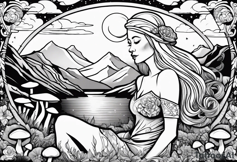 Older blonde fat woman no makeup surrounded by mushrooms mountains crescent moon background tattoo idea