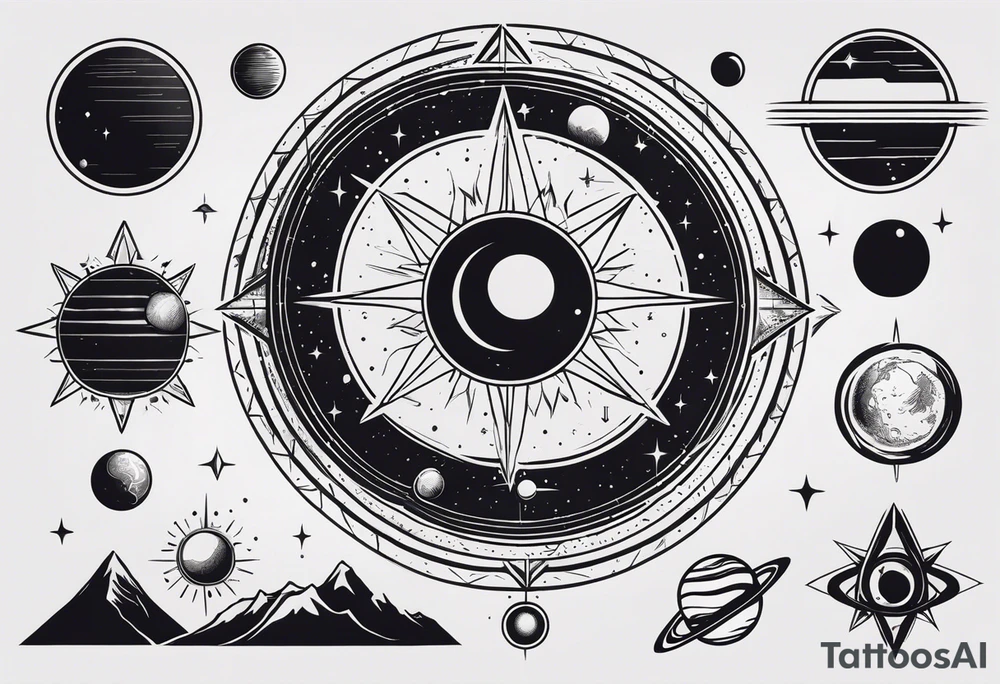 The symbols of the elements of the solar system are arranged in order of distance from the sun. The symbols should be stylized as the logo 30 seconds to Mars tattoo idea