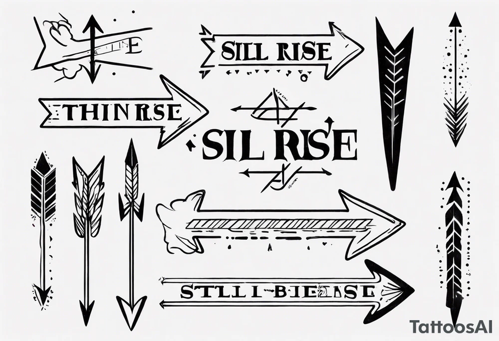 I want a very thin plain arrow going through the sentence “still i rise” which uses a handwritten thin spaced out font tattoo idea