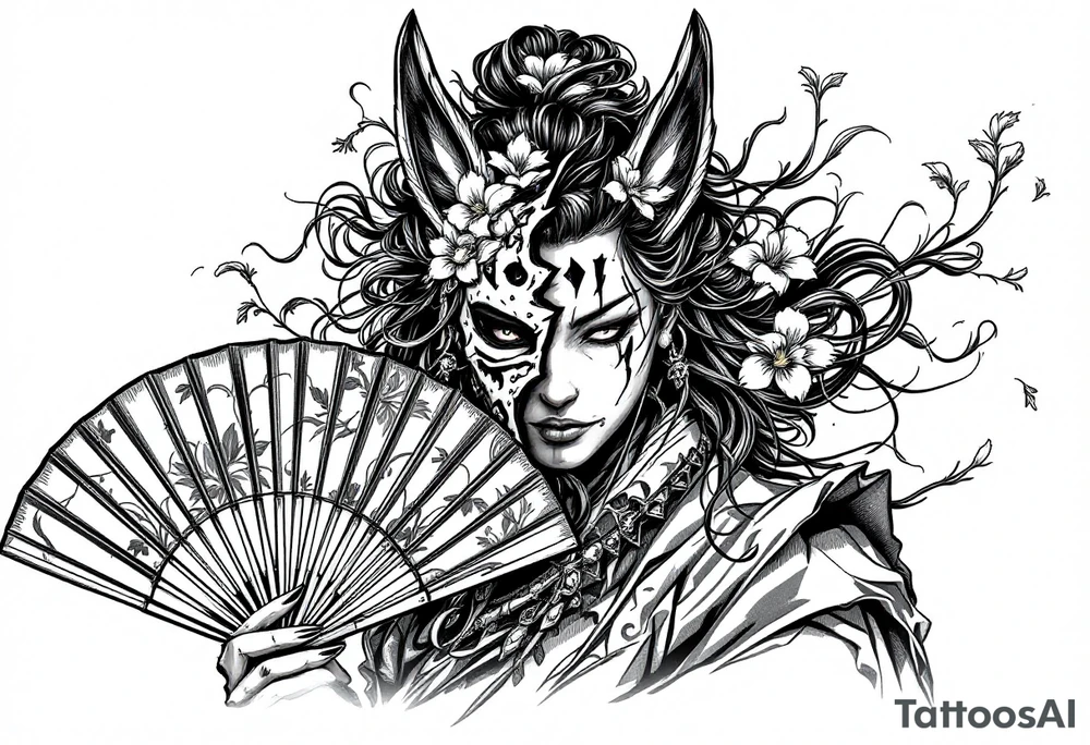 Samurai woman wearing an half and broken kitsune's mask on her hair and holding a fan with irises flowers tattoo idea