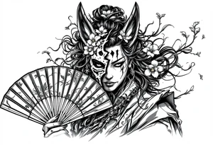 Samurai woman wearing an half and broken kitsune's mask on her hair and holding a fan with irises flowers tattoo idea