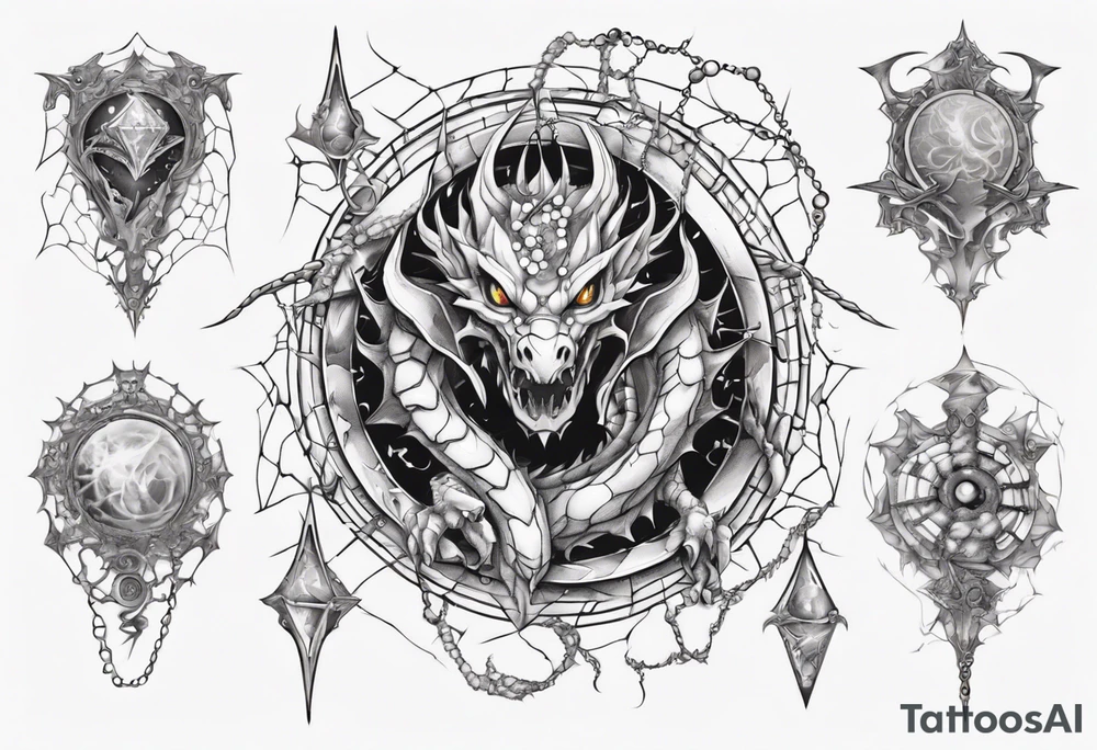 Dragon in a spiral spiderweb with jewels and shattered chalices and a spiral horn tattoo idea