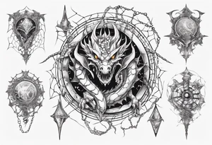 Dragon in a spiral spiderweb with jewels and shattered chalices and a spiral horn tattoo idea