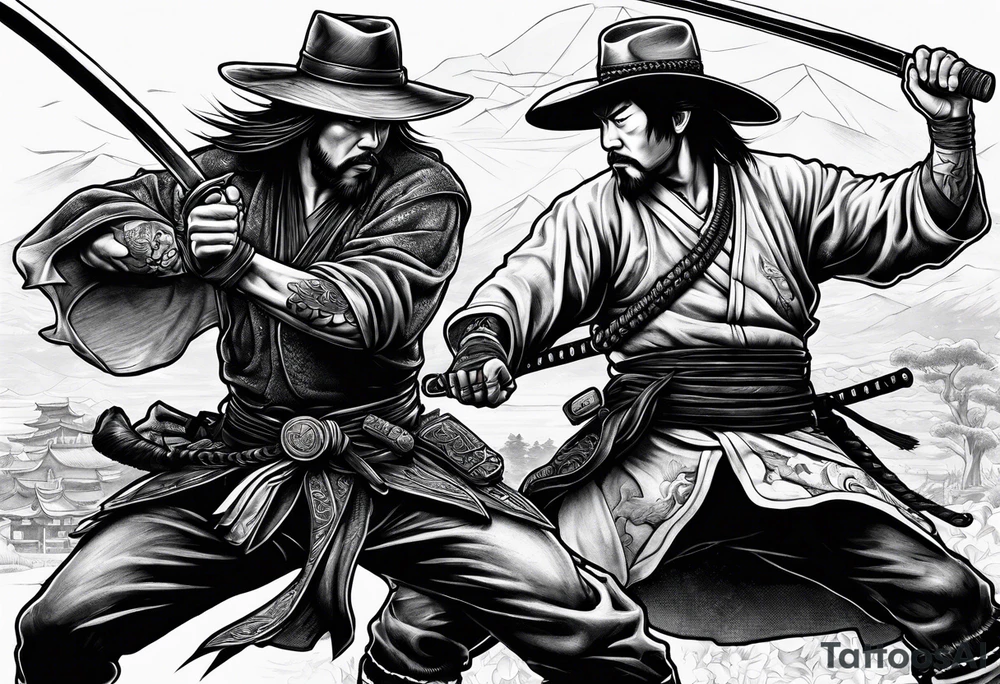 A fight scene between an American cowboy and a japanese samurai tattoo idea