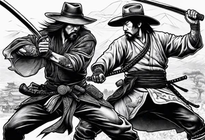 A fight scene between an American cowboy and a japanese samurai tattoo idea